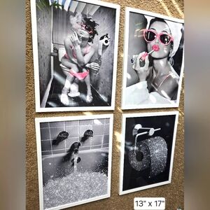 Bathroom Decor Black And White Sparkle Pink 13x17 Feminine